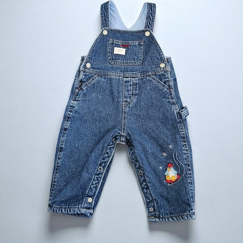 Vintage OshKosh Baby Overalls - Adorable Penguin Sledding Embroidery - Size 6-9